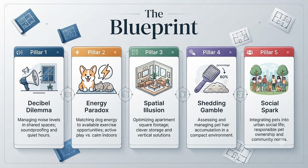 5 pillars infographic Five icons: Decibel Dilemma, Energy Paradox, Spatial Illusion, Shedding Gamble, Social Spark. Text: "The blueprint."