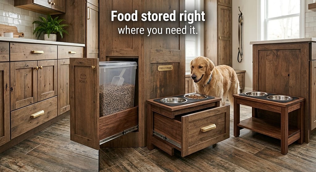 Feeding station storage photo Food bin under feeding station. Text: "Food stored right where you need it."