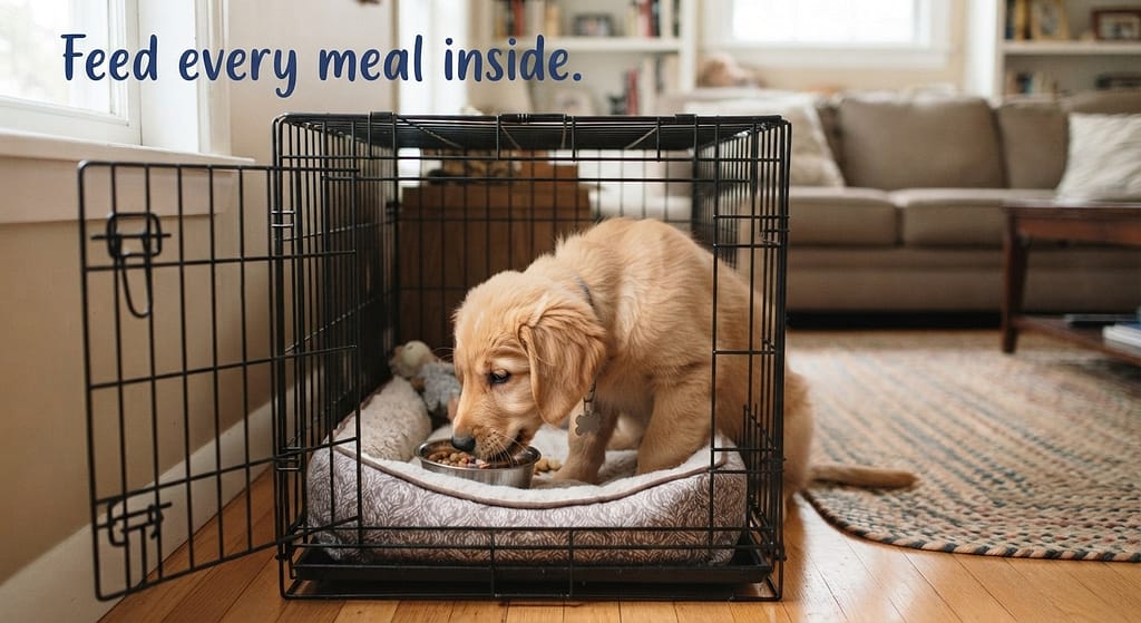 Dog eating in crate photo Food bowl in back of crate, dog eating comfortably. Text: "Feed every meal inside."