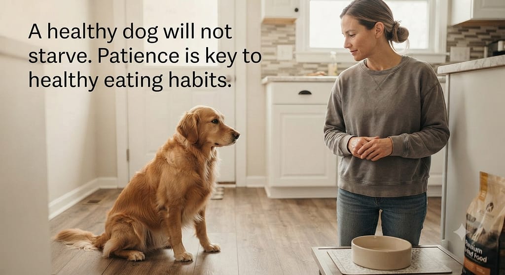 Empty bowl photo Food put down, dog ignoring, owner patient. Text: "A healthy dog will not starve."