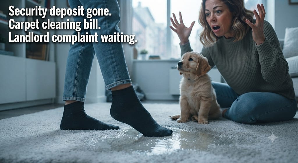 Relatable "carpet nightmare" photo Foot stepping in puddle on carpet, horrified expression, puppy nearby. Text: "Security deposit gone. Carpet cleaning bill. Landlord complaint waiting."