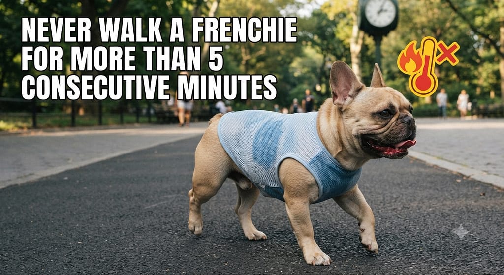 Frenchie warning photo French Bulldog with cooling vest, heat danger icon. Text: "Never walk a Frenchie for more than 5 consecutive minut