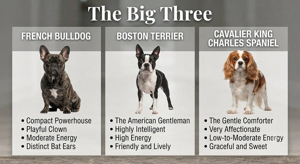 Three breed comparison grid Frenchie, Boston, Cavalier side-by-side. Text: "The Big Three."