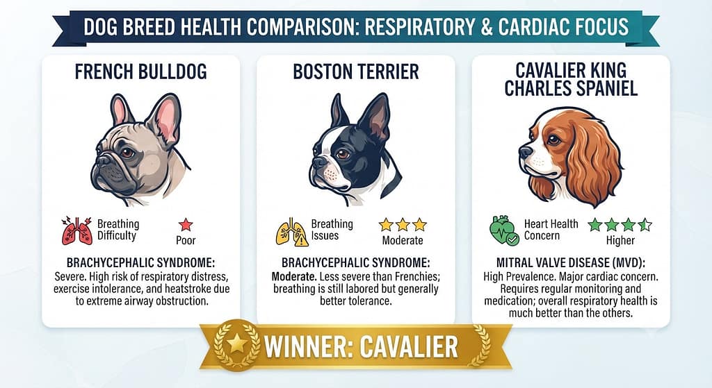Health comparison icons Frenchie (brachycephalic), Boston (less severe), Cavalier (MVD). Text: "Winner: Cavalier."