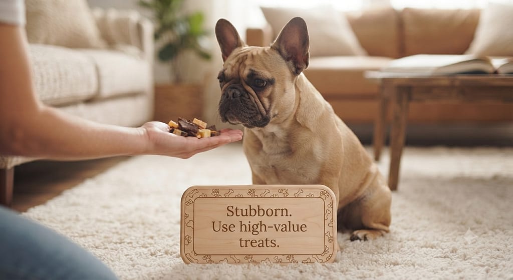 Frenchie impulse control photo Frenchie doing "It's Yer Choice." Text: "Stubborn. Use high-value treats."