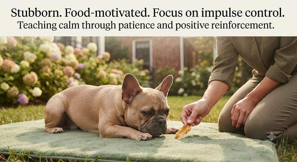 Frenchie training photo Frenchie doing "settle" command. Text: "Stubborn. Food-motivated. Focus on impulse control."