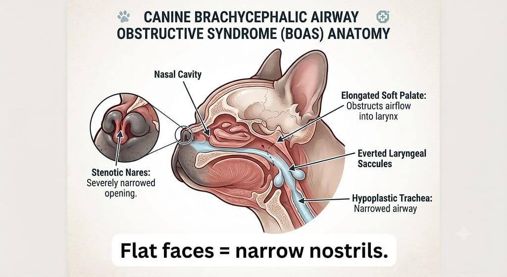 BOAS anatomy diagram Frenchie head cross-section with airway issues. Text: "Flat faces = narrow nostrils."