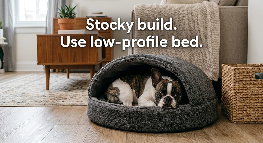 Frenchie space-saving photo Frenchie in low-profile bed with cave cover. Text: "Stocky build. Use low-profile bed."