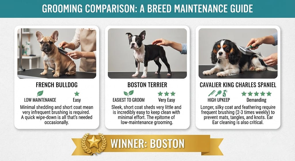 Grooming comparison photos Frenchie (low), Boston (easiest), Cavalier (most upkeep). Text: "Winner: Boston."