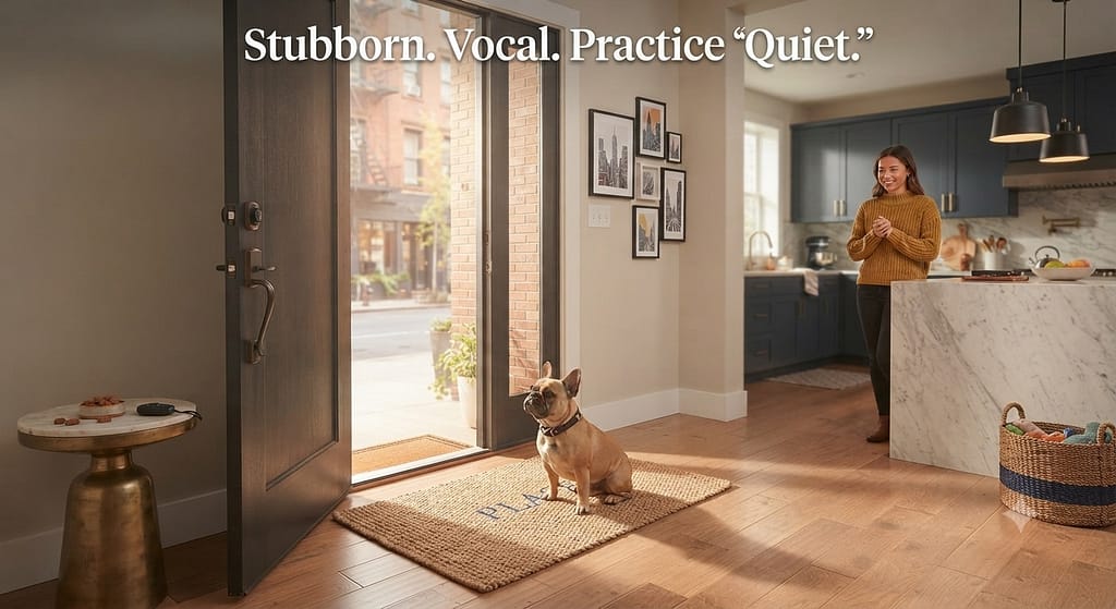 Frenchie doorway photo Frenchie on "Place" at door. Text: "Stubborn. Vocal. Practice 'Quiet.'"