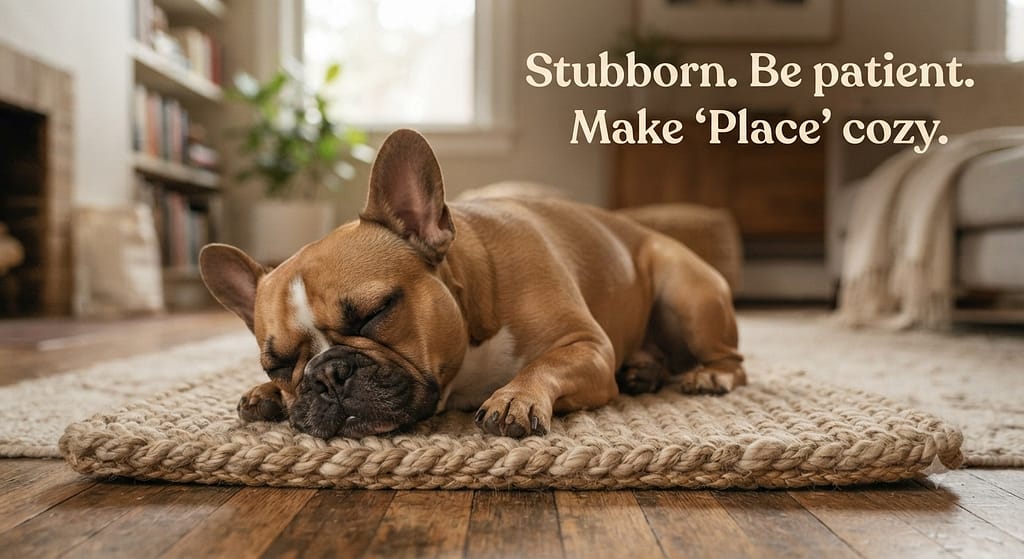 Frenchie settle photo Frenchie on "Place," calm. Text: "Stubborn. Be patient. Make 'Place' cozy."