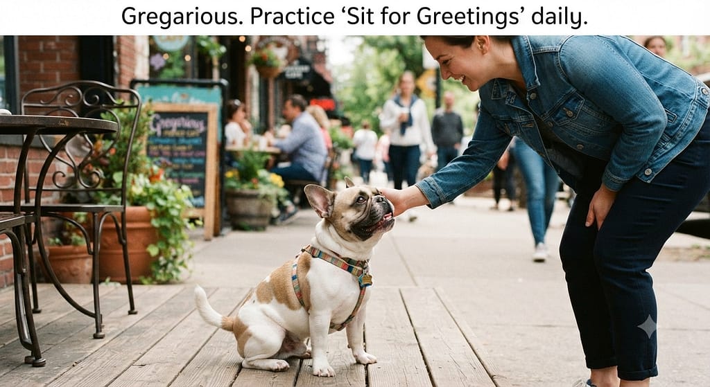 Frenchie greeting photo Frenchie sitting for greeting. Text: "Gregarious. Practice 'Sit for Greetings' daily."