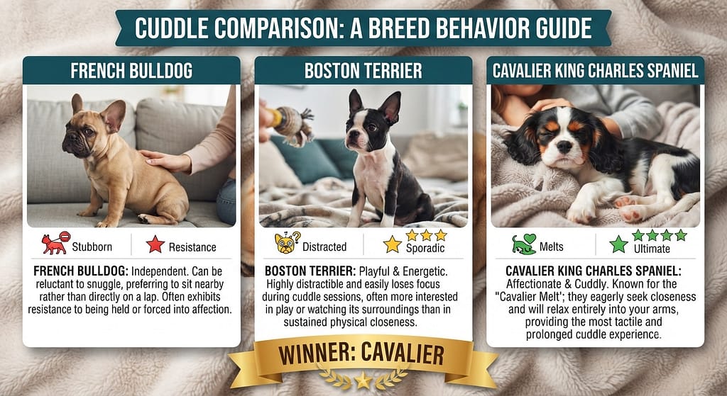 Cuddle comparison photos Frenchie (stubborn), Boston (distracted), Cavalier (melts). Text: "Winner: Cavalier."