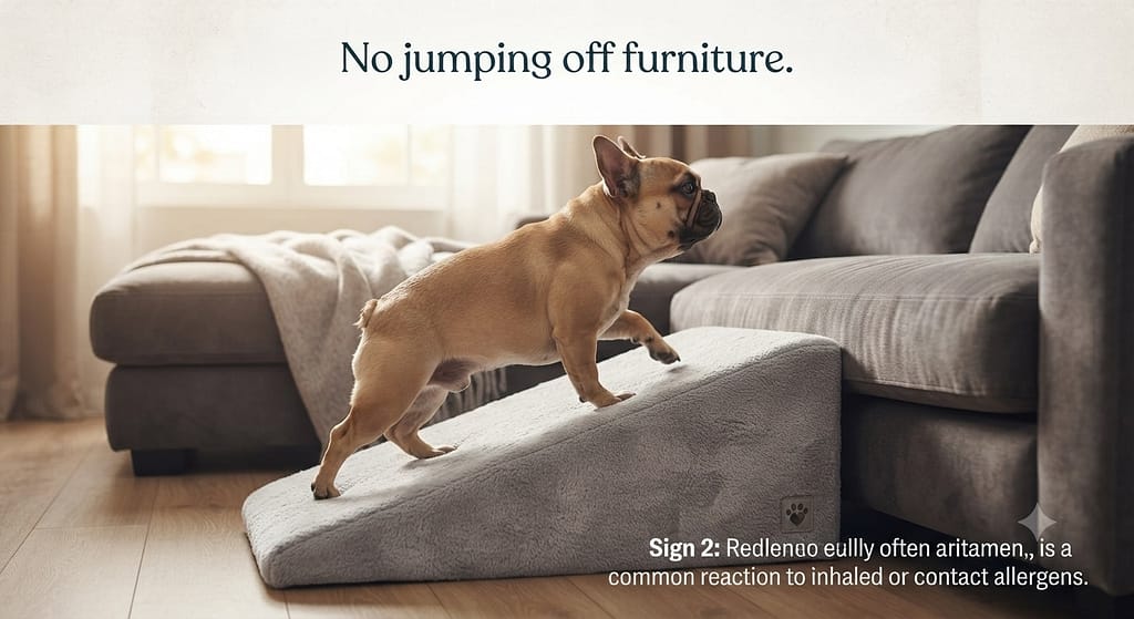 Ramp for Frenchie photo Frenchie using ramp to couch. Text: "No jumping off furniture."