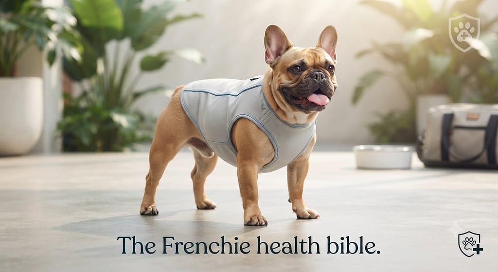 Frenchie health hero photo Frenchie with cooling vest, healthy look. Text: "The Frenchie health bible."