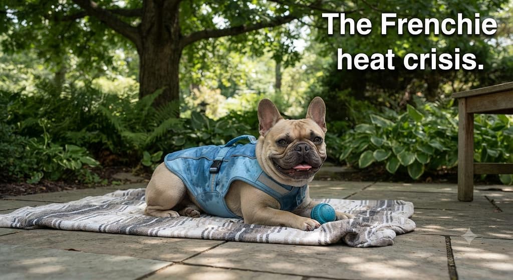 Frenchie cooling photo Frenchie with cooling vest, shade. Text: "The Frenchie heat crisis."