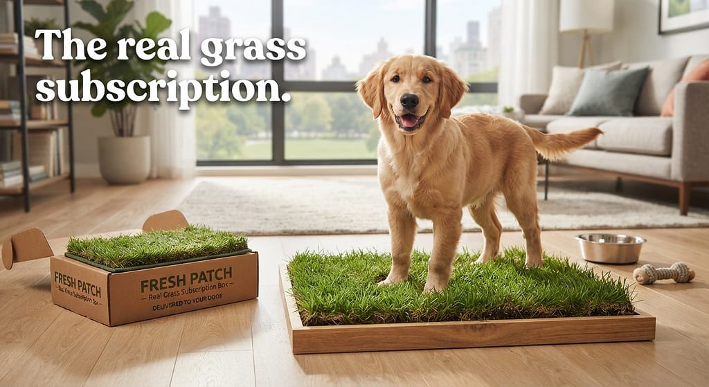 Fresh Patch subscription hero photo Fresh Patch tray with dog using it, subscription box visible. Text: "The real grass subscription."