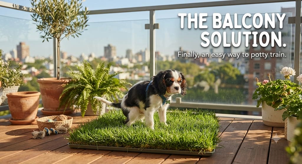 Grass patch hero photo Fresh grass patch on balcony, puppy using it. Text: "The Balcony Solution."
