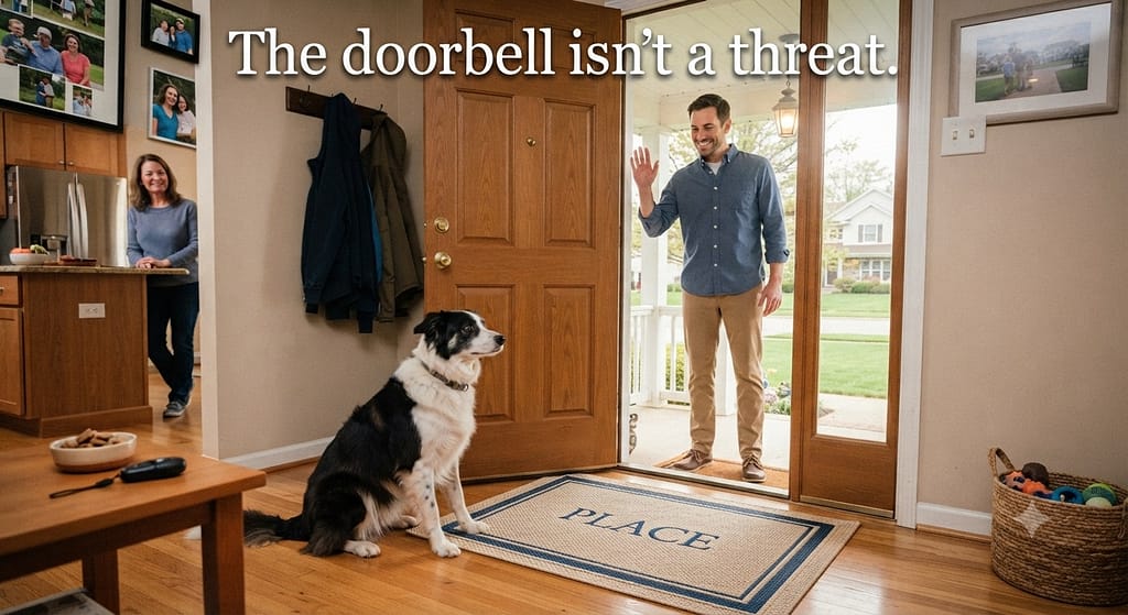 Delivery desensitization hero photo Friend at door, dog calm on "Place," treats visible. Text: "The doorbell isn't a threat.