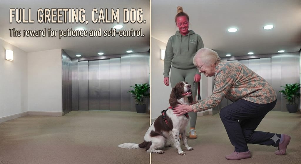 Full greeting photo Friend greeting calmly, dog relaxed. Text: "Full greeting, calm dog."