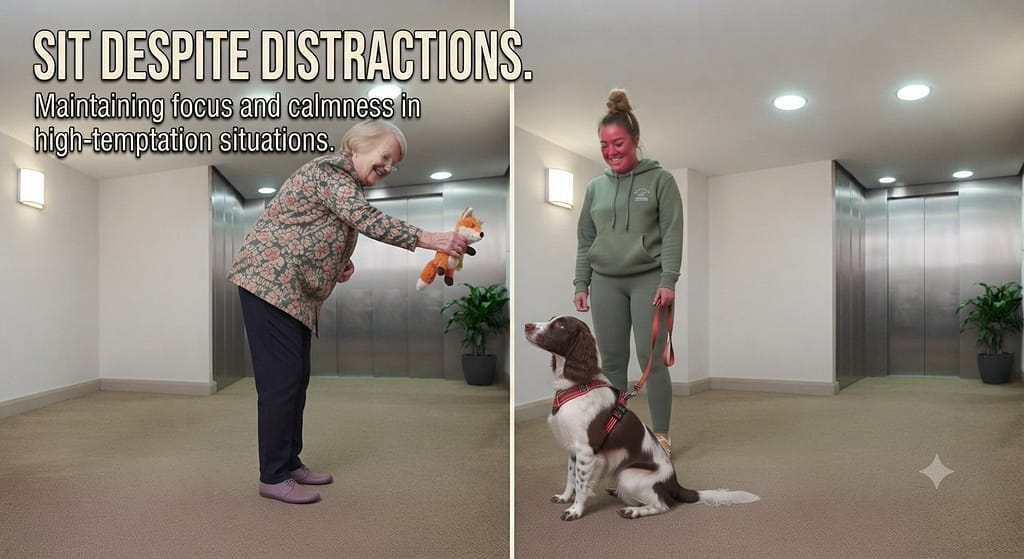 Distraction greeting photo Friend with toy, dog sitting calmly. Text: "Sit despite distractions."