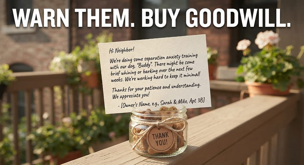 Neighbor note photo Friendly note to neighbors. Text: "Warn them. Buy goodwill."