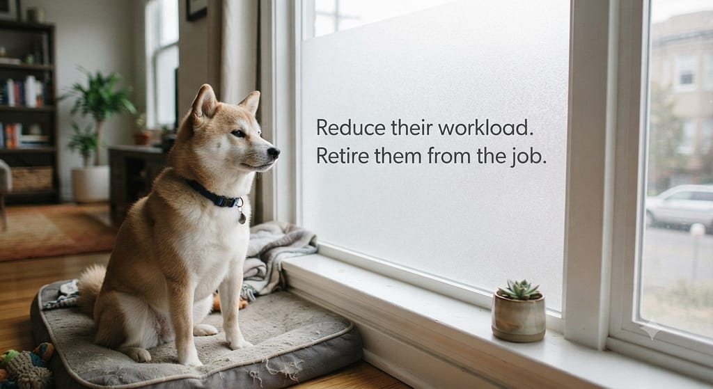 Window film installed photo Frosted window film, blocked view. Text: "Reduce their workload. Retire them from the job."