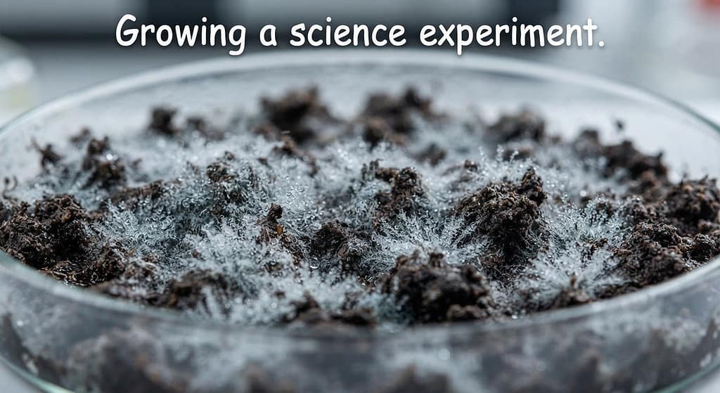 Moldy soil close-up Fuzzy mold growing on soil surface. Text: "Growing a science experiment."