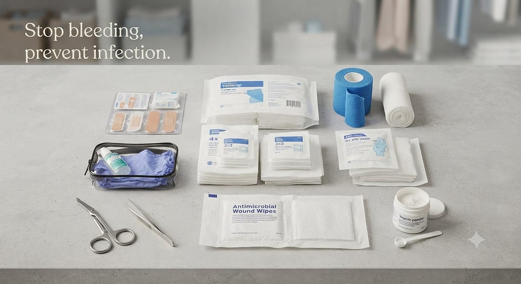 Wound care flat lay Gauze, Vetwrap, antimicrobial wipes, styptic powder. Text: "Stop bleeding, prevent infection."