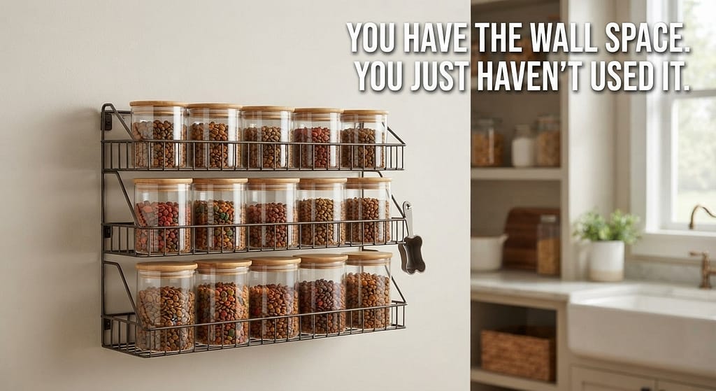 Wall-mounted canisters photo Glass jars on wall rack. Text: "You have the wall space. You just haven't used it."