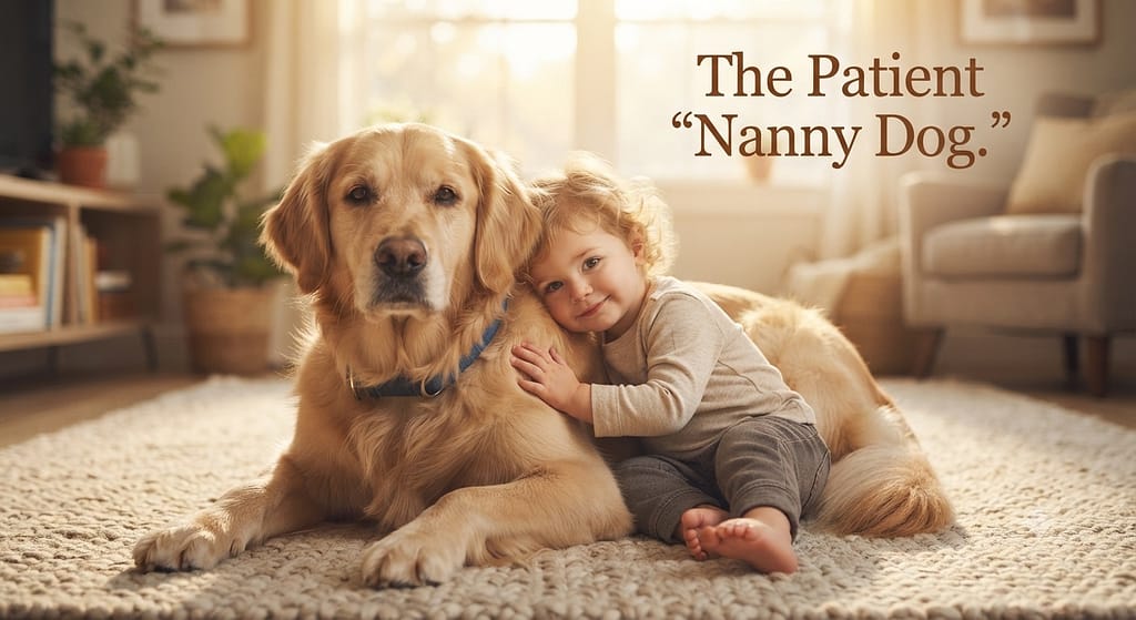 Golden with kids hero photo Golden Retriever patiently with toddler. Text: "The Patient 'Nanny Dog.'"