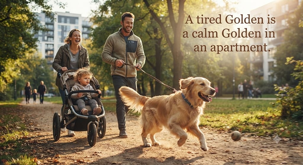 Golden apartment action photo Golden on walk with family. Text: "A tired Golden is a calm apartment Golden."