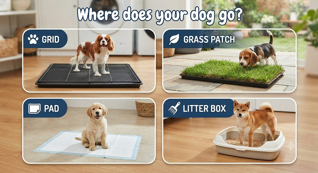 Surface types grid Grass patch, pad, litter box. Text: "Where does your dog go?"