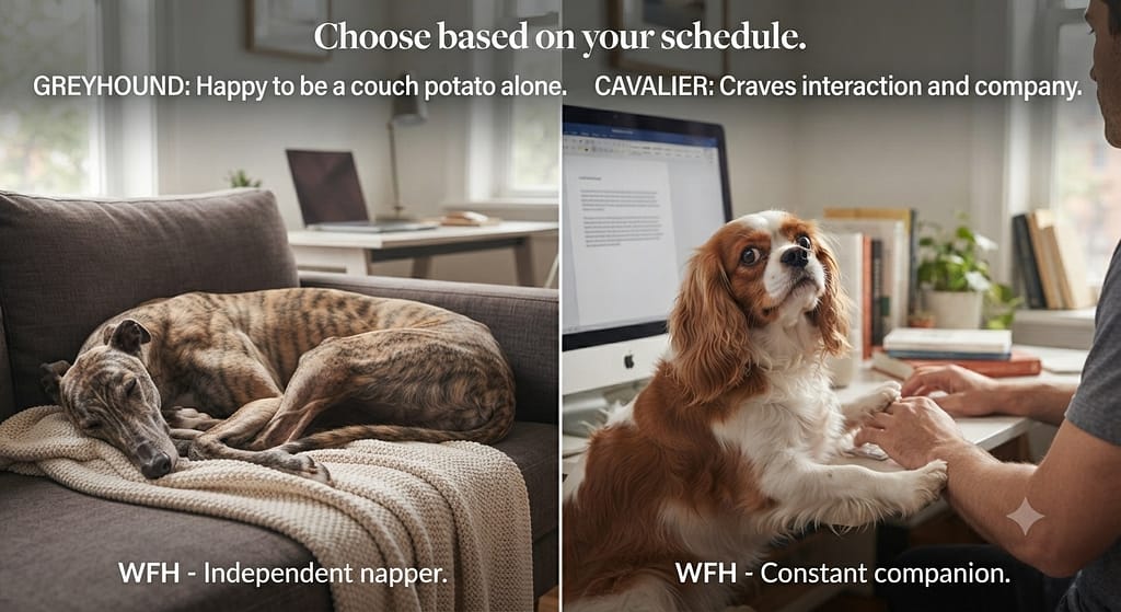 WFH vs office comparison Greyhound sleeping alone vs Cavalier needing attention. Text: "Choose based on your schedule."