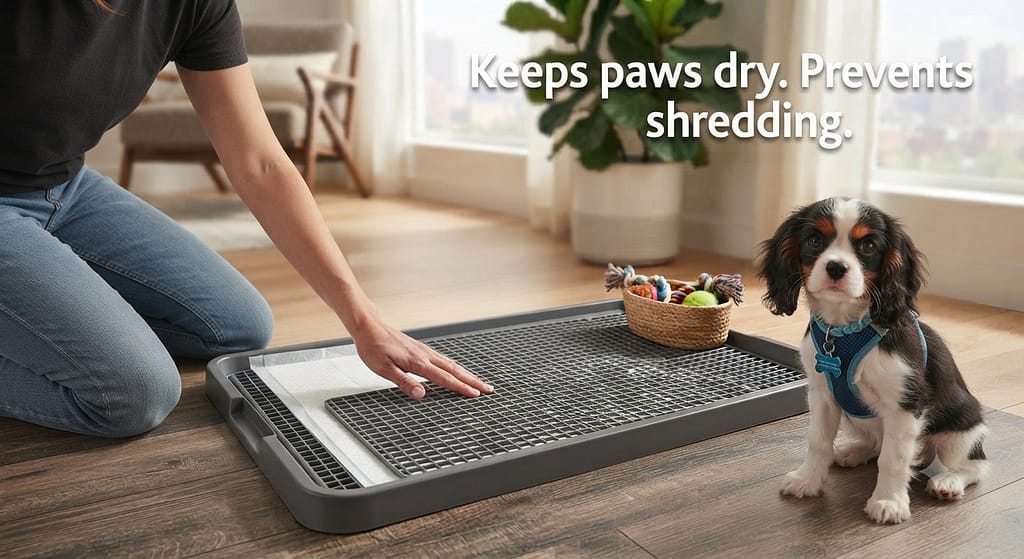 Pad holder with grid photo Grid holder preventing tearing. Text: "Keeps paws dry. Prevents shredding."