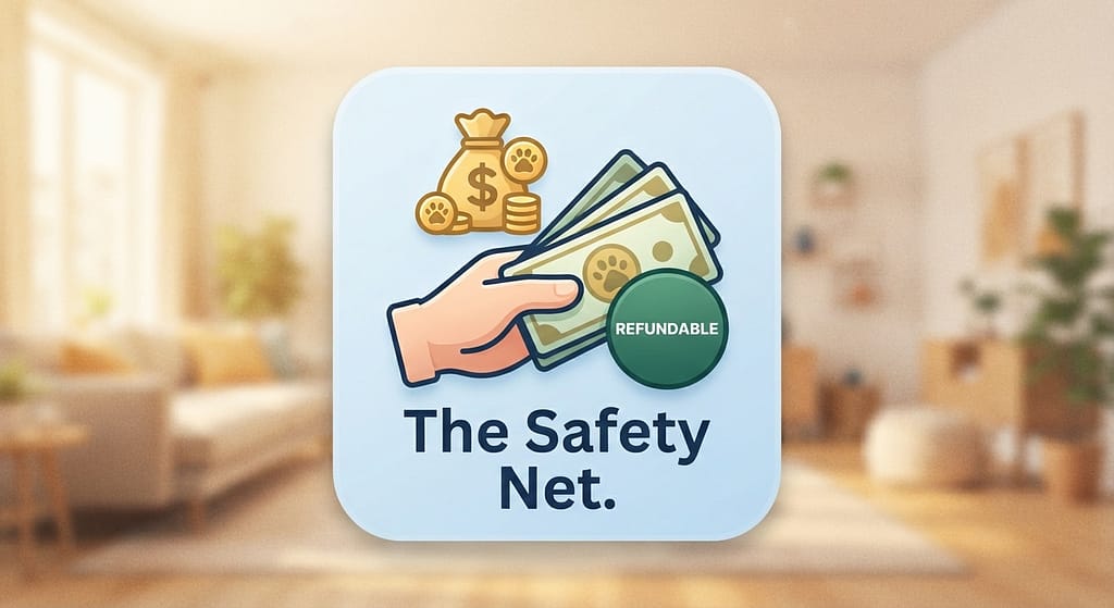 Pet deposit icon 💰 Hand holding money with "Refundable" badge. Text: "The Safety Net."