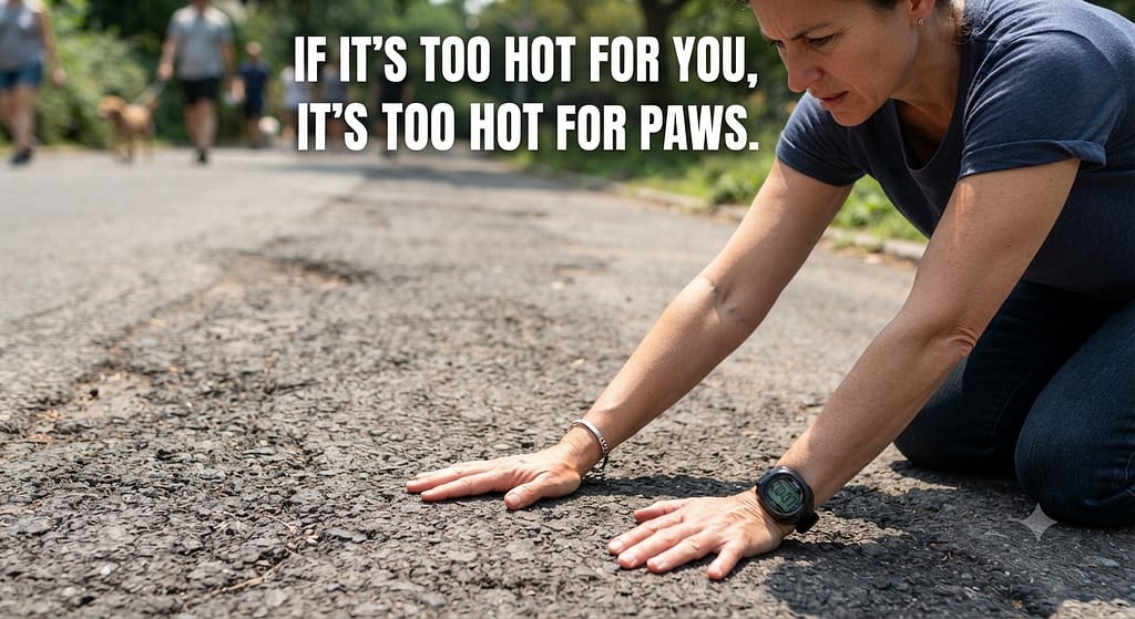Pavement test action photo Hand on asphalt for 7 seconds. Text: "If it's too hot for you, it's too hot for paws."