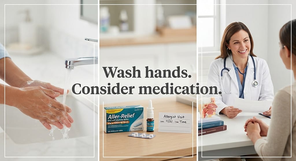Handwashing + medication photo Handwashing, allergy medication, allergist visit. Text: "Wash hands. Consider medication."