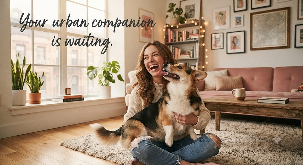 Aspirational hero photo Happy dog and owner in cozy apartment, perfect match. Text: "Your urban companion is waiting."