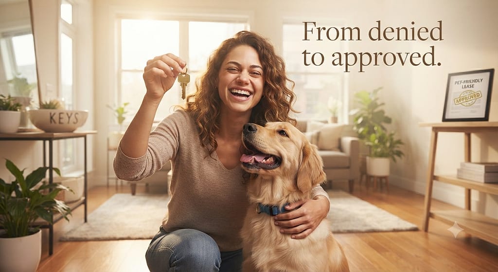 Aspirational hero photo Happy owner and dog in apartment, key in hand, approved. Text: "From denied to approved."