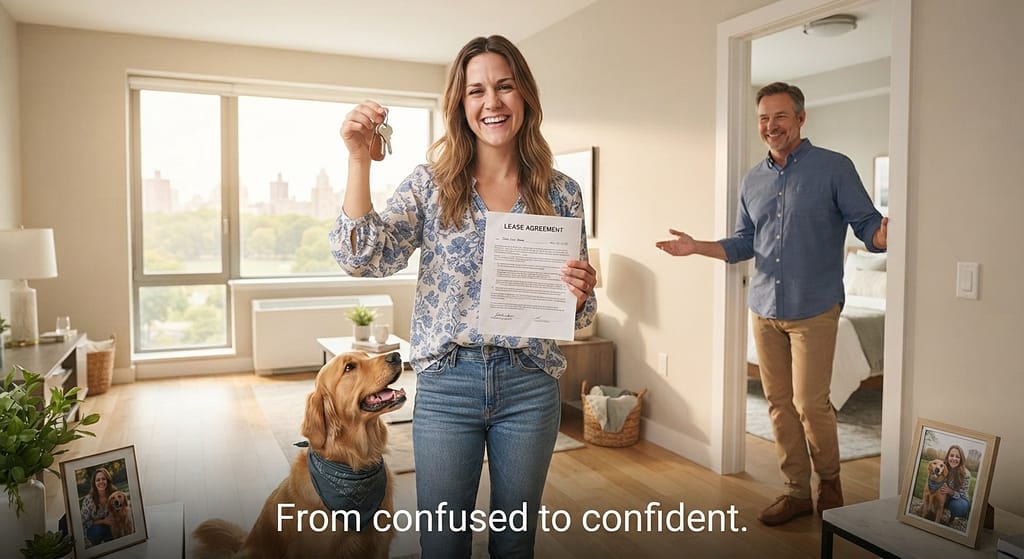 Aspirational hero photo Happy owner and dog in apartment, key in hand, relaxed landlord. Text: "From confused to confident."