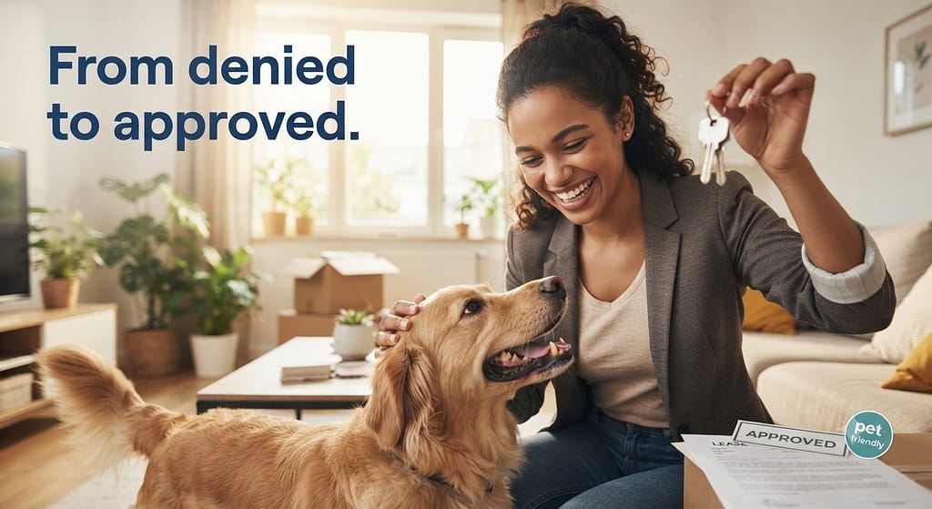 "After" hero photo Happy owner and dog in approved apartment, key in hand. Text: "From denied to approved."
