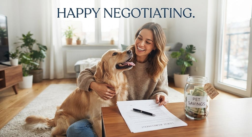 "After" hero photo Happy owner and dog in new apartment, lease signed, money saved. Text: "Happy negotiating."