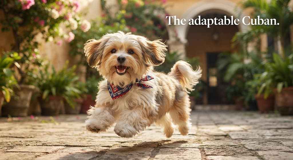 Havanese hero photo Havanese, happy and bouncy. Text: "The adaptable Cuban."