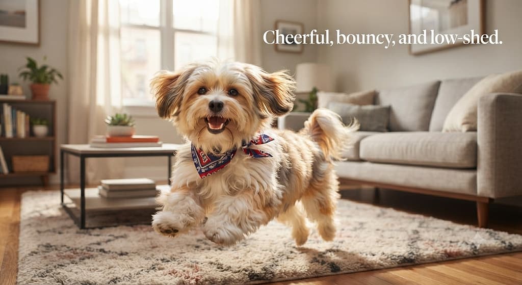 Havanese apartment photo Havanese in apartment. Text: "Cheerful, bouncy, and low shed."