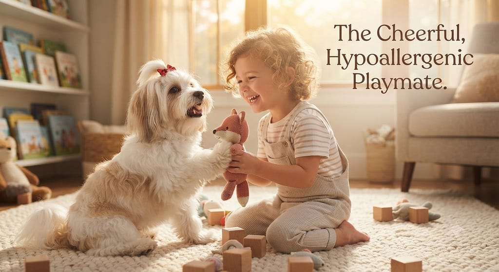 Havanese with kids hero photo Havanese playing gently with child. Text: "The Cheerful, Hypoallergenic Playmate."