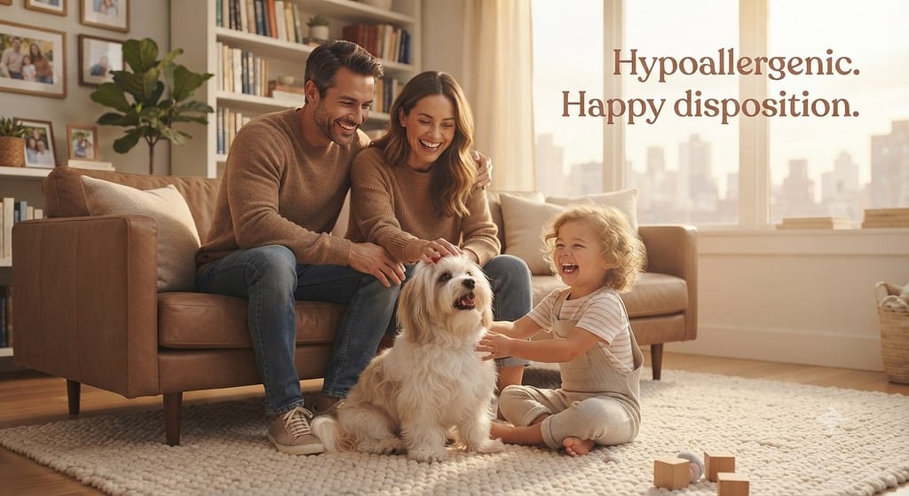 Havanese family photo Havanese with family in apartment. Text: "Hypoallergenic. Happy disposition."