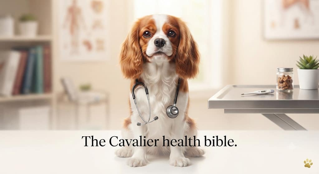 Cavalier health hero photo Healthy Cavalier with vet stethoscope. Text: "The Cavalier health bible."