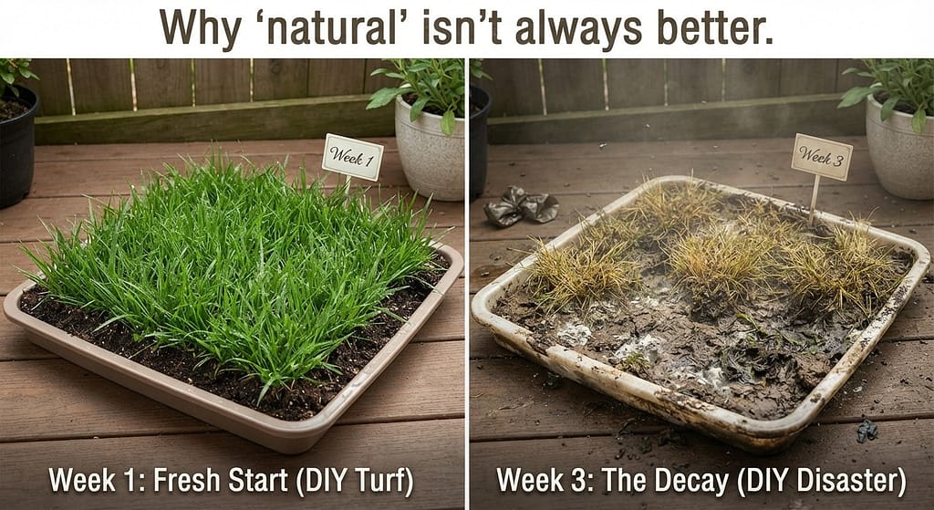 DIY soil disaster comparison Healthy DIY grass (Week 1) vs Dead, yellow, smelly soil (Week 3). Text: "Why 'natural' isn't always better."