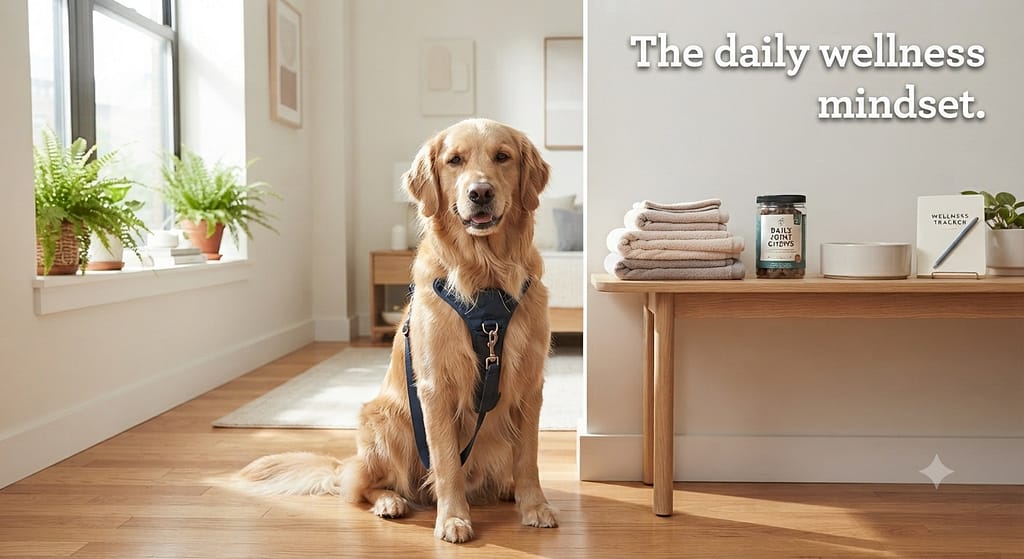 "After" hero photo Healthy dog in clean apartment, wellness routine visible. Text: "The daily wellness mindset."